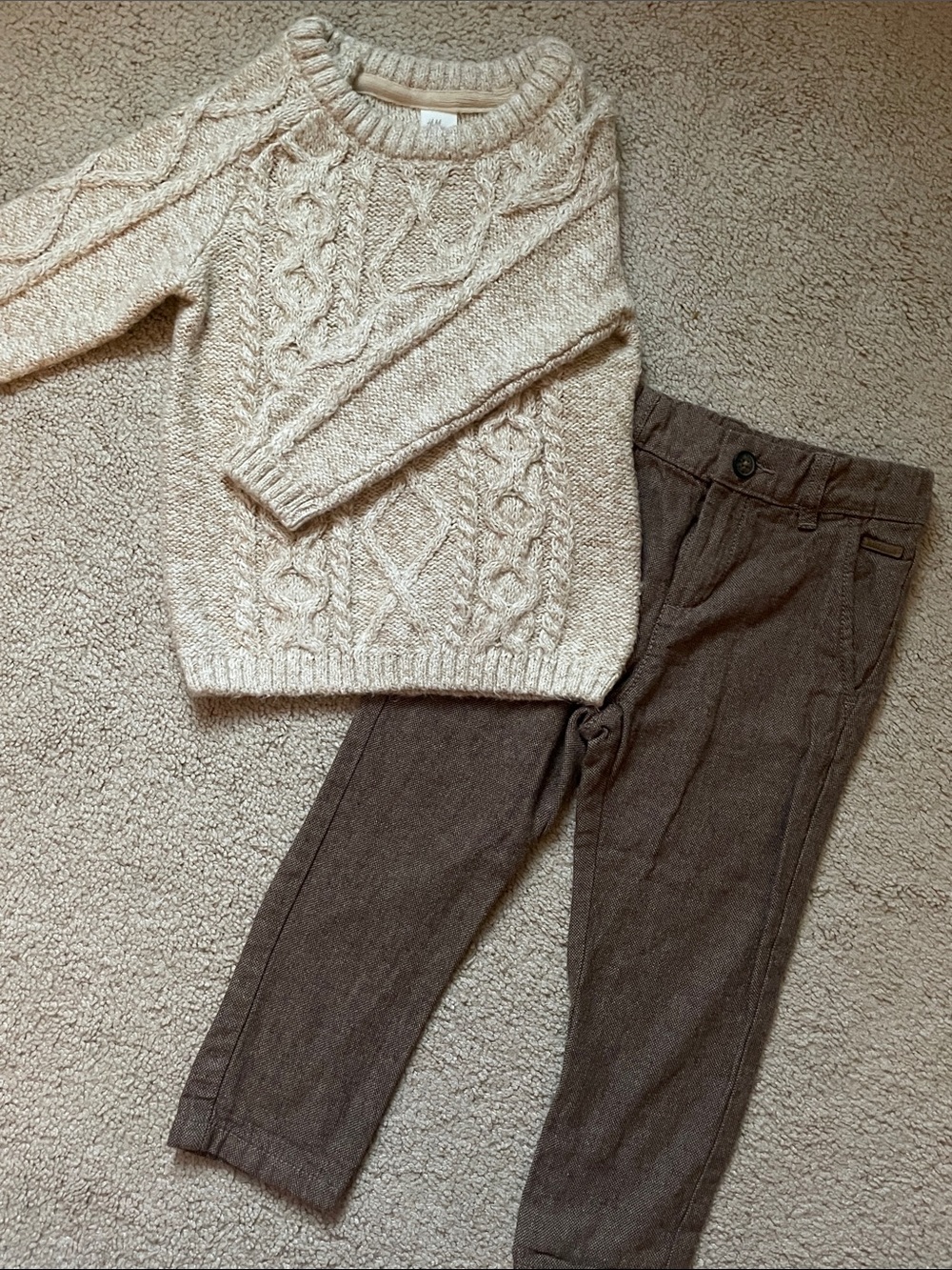 H&M Cream Cable Knit Sweater and Brown Pants Set